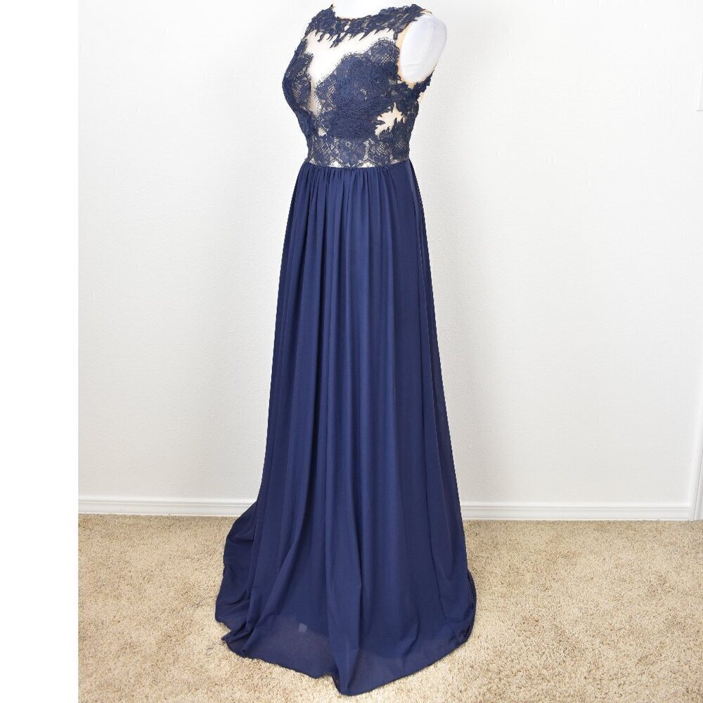 Sherri Hill 5207 Navy Blue Lace Illusion Open Back Gown - 12 - Picture 8 of 14